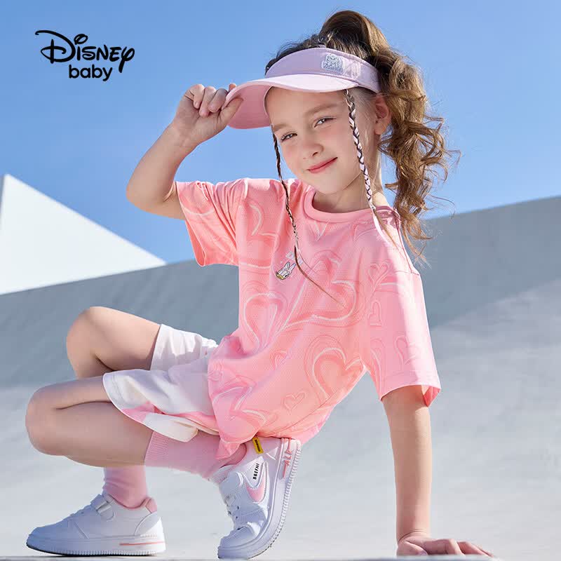 迪士尼(Disney)童装男女童套装个性印花短袖T恤透气运动短裤两件套夏篮球服套装 粉色爱心 110 高105-115cm重30-40斤