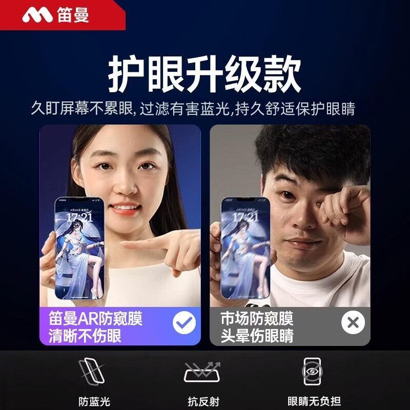 笛曼【AR护眼德国防窥】适用苹果17Pro防窥16钢化膜iphone16pro防偷窥15手机膜高清14全屏防摔13贴膜17 【护眼新防窥】2片装*贴坏包赔丨超越AR防眩光 iPhone 14 Plus