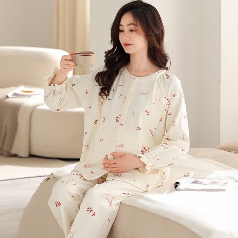 ROVO月子服孕妇装产后睡衣套装夏季薄款产后喂奶产妇哺乳家居服 米色碎花 XXL