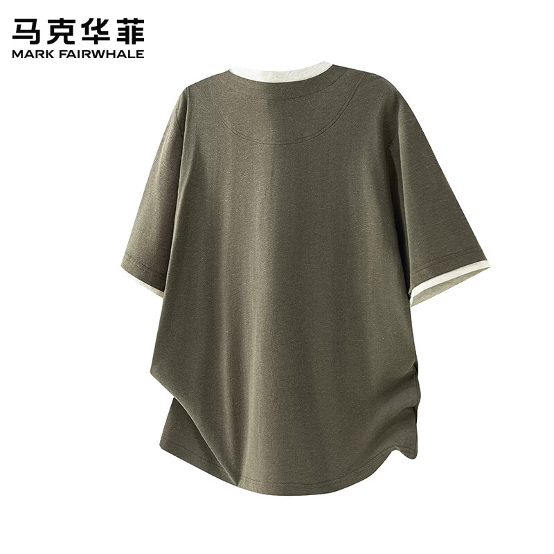 马克华菲（MARK FAIRWHALE）天丝百搭时尚凉感假两件t恤男2026夏季轻薄透气花纱短袖上衣服装 军绿色 【天丝】 薄款 M 【建议90-125斤】