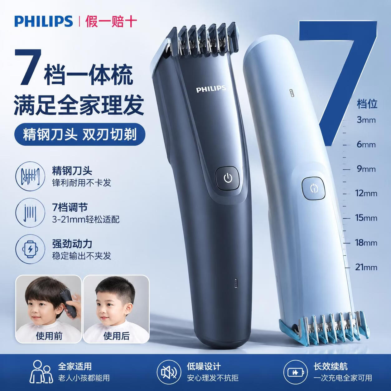 飞利浦（PHILIPS）理发器电动理发推子婴儿儿童老人全家适用家用剃头发电推子 HC3688【深蓝】进口刀头