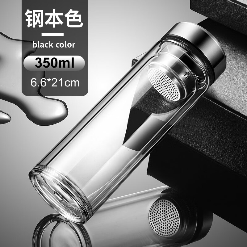 JCZS品质官方摔不烂钢化双层玻璃杯500ml耐摔高硼硅男士茶杯 加厚款钢本色500mlML