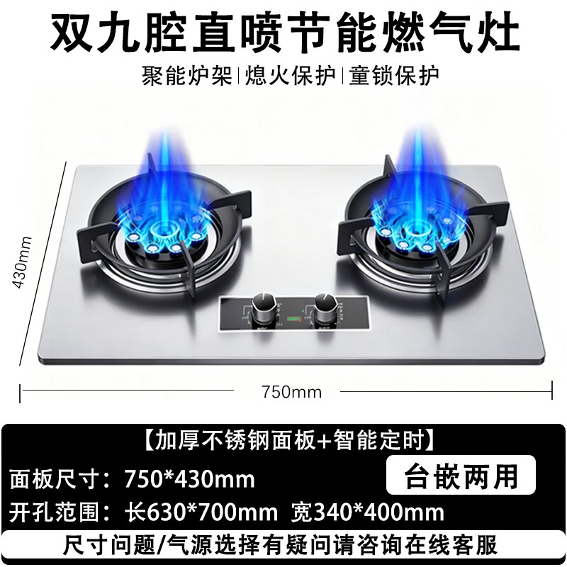 御皇好太太燃气灶天然气双灶台 煤气灶罐装液化气灶台式嵌入式两用5.2KW直喷大火力易清洁双炉具 【双九腔直喷】聚能猛火丨定时 不锈钢面板 【罐装】液化气