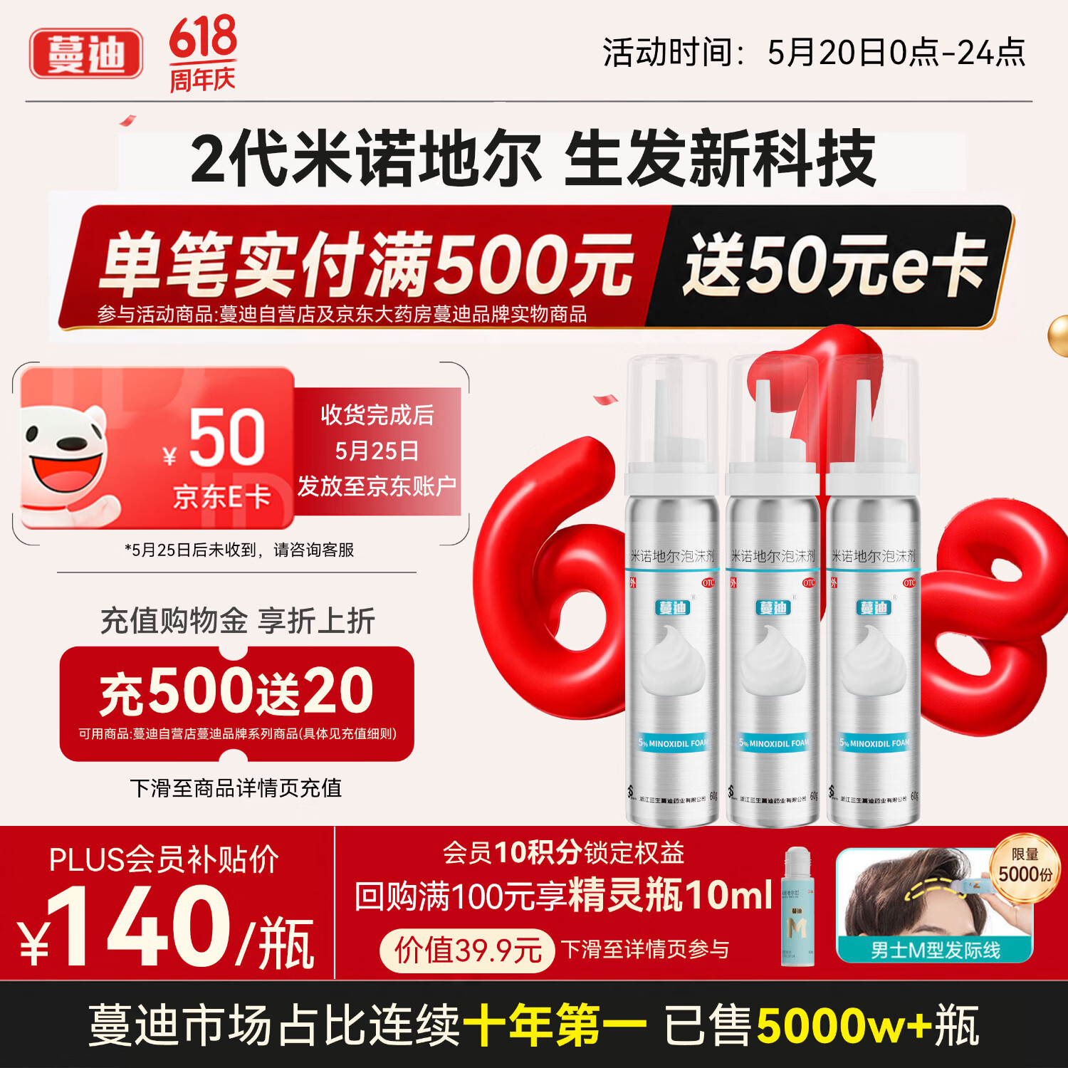 蔓迪【第二代米诺地尔】蔓迪5%生发泡沫剂60g*3（倍速生发 温和低敏）男女专用治脱发防脱育发米洛酊搽剂