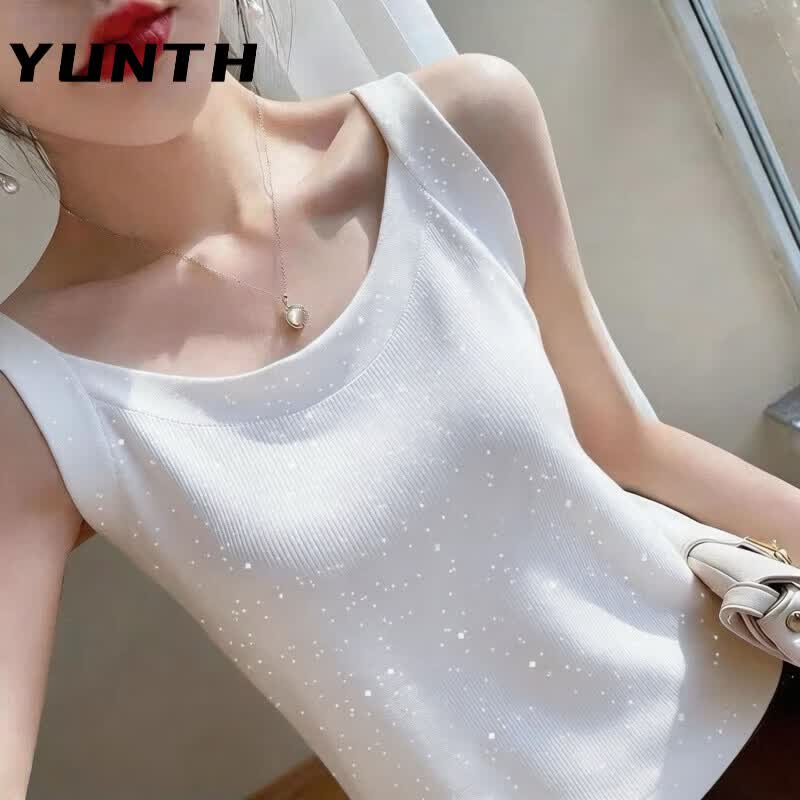YUNTH冰丝螺纹洋气满天星小吊带背心女士夏季通勤无袖百搭显瘦上衣 灰色满天星版 XL 建议95-115
