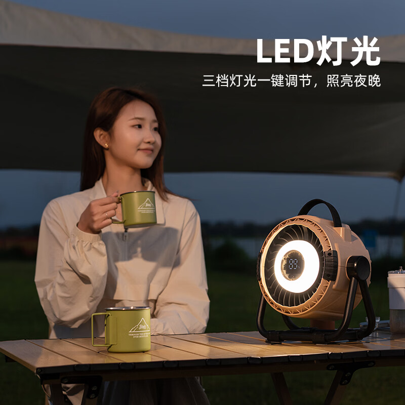 台地两用户外露营遥控定时风扇充电风扇便携式可挂帐篷野营钓鱼电风扇灯光控制 H10军绿色