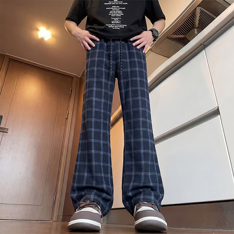 啄木鸟休闲裤男2026夏季新款美式高街格子微喇裤子男宽松百搭青少年长裤 深蓝色 XL  建议130-150斤