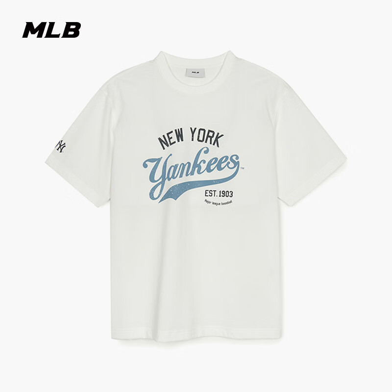 MLB官方 男女情侣学院风复古印花凉感T恤运动短袖夏季新款TSV05 纽约洋基队/象牙色 S