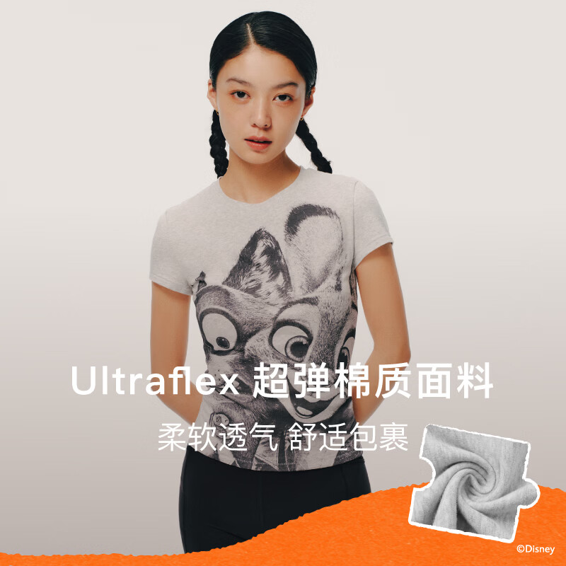 内外橙标迪士尼疯狂动物城合作明星同款好弹质正肩T恤女印花通勤 不驯花灰 M
