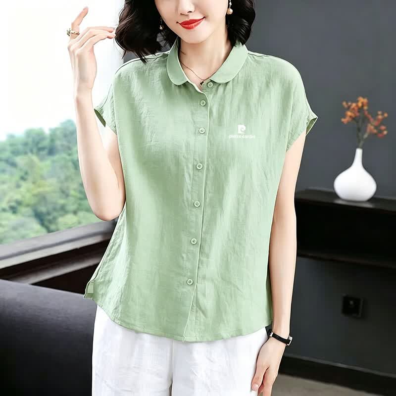 皮尔卡丹（pierre cardin）棉麻衬衫女士2026夏季新款时尚休闲宽松洋气减龄无袖宽松大码衬衣 绿色 L 推荐110-128斤穿