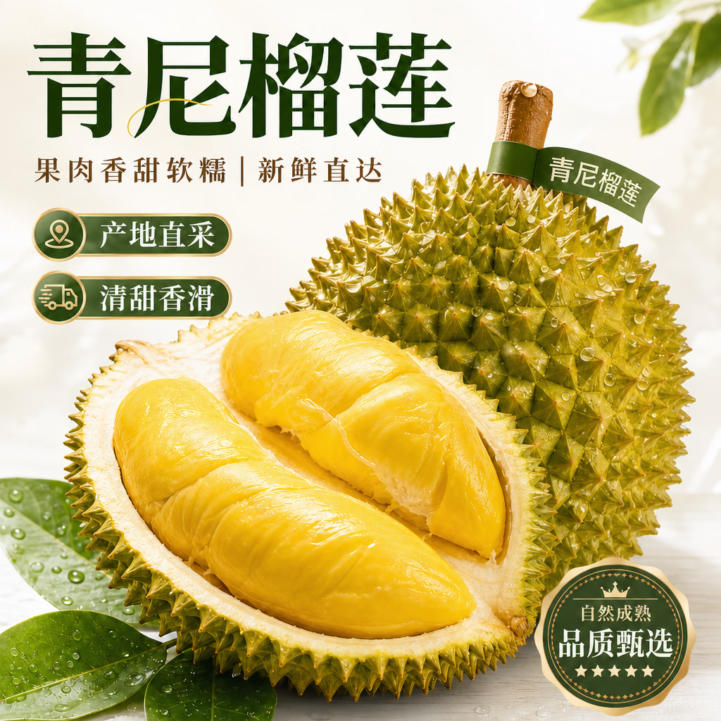 松筱泰国青尼榴莲新鲜水果巴掌带壳一整个果 精选5-7斤【性价比】1-2个装