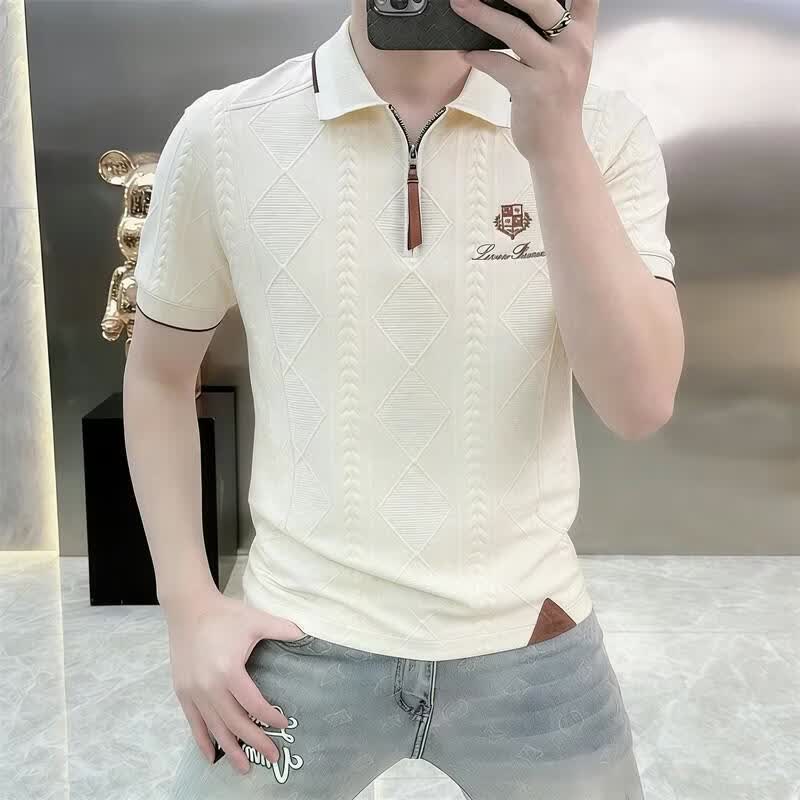 罗鸣老人【高档轻奢】男士夏季短袖polo衫刺绣时尚百搭半袖翻领T恤上衣 米白色 L （建议115-130斤）