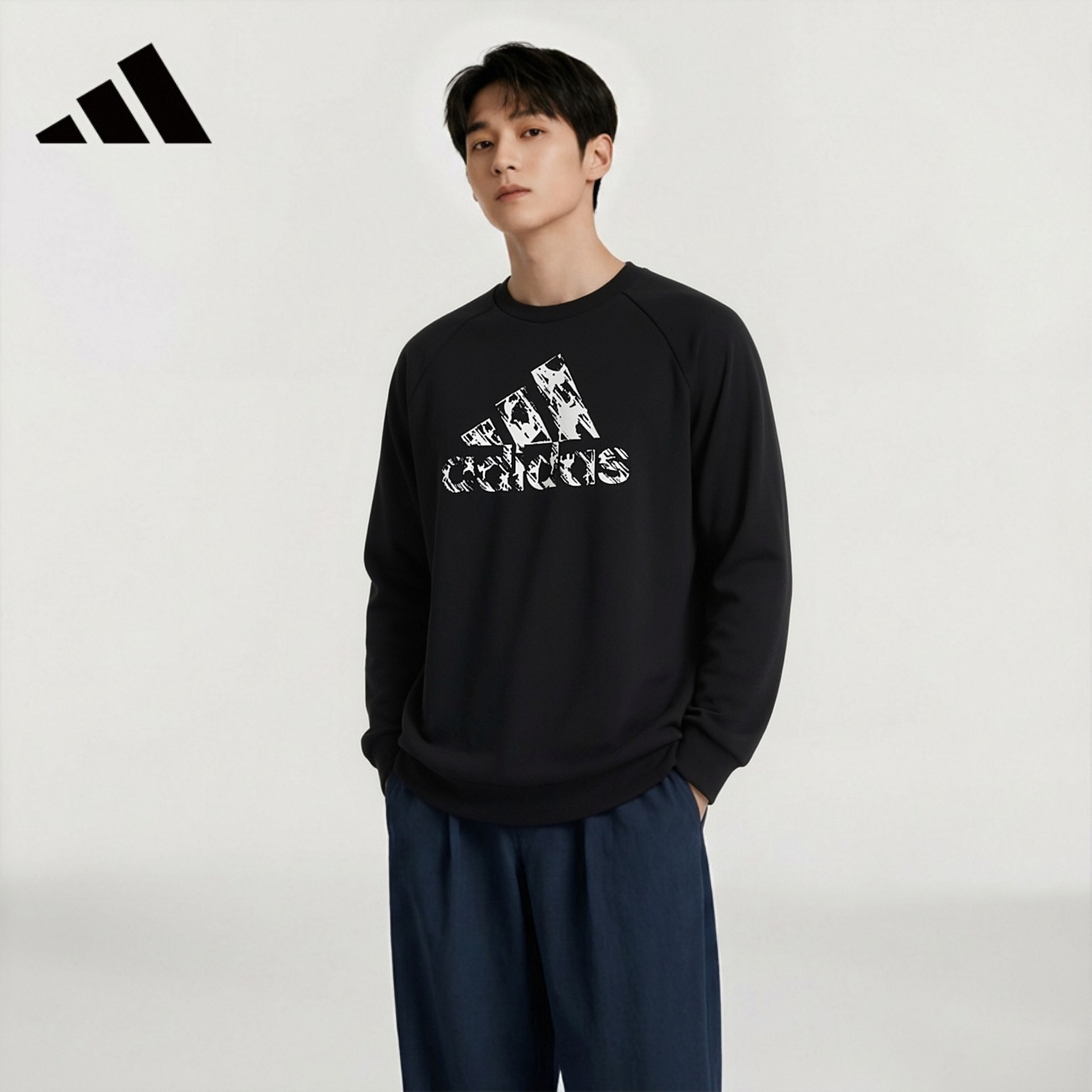 阿迪达斯（adidas）【反季清仓】卫衣男运动套头衫休闲运动服 黑色 L