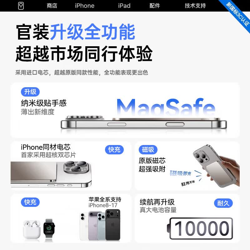 轻系列【国家3C认证】苹果MagSafe磁吸充电宝外接电池移动电源2026新款超薄大容量20W无线快充大额补贴 【20000M】珍珠白 | 进口电芯 | 可上飞机 【国家3C认证】26年新款|高品质电芯|20W快充