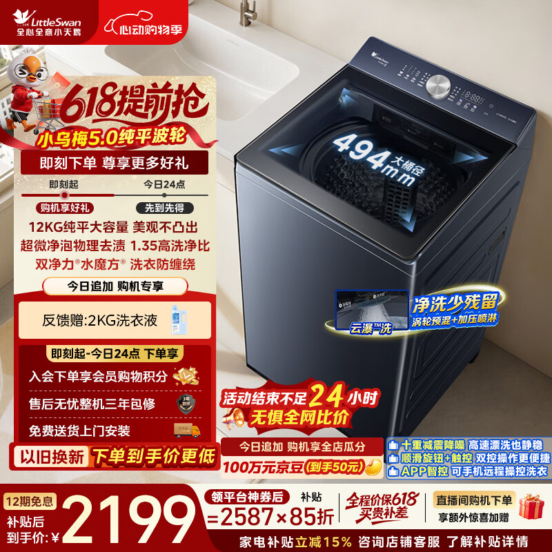 小天鹅（LittleSwan）【价保618】小乌梅5.0 波轮洗衣机全自动家用 12KG大容量纯平 超微净泡 TB12K60 以旧换新京东自营