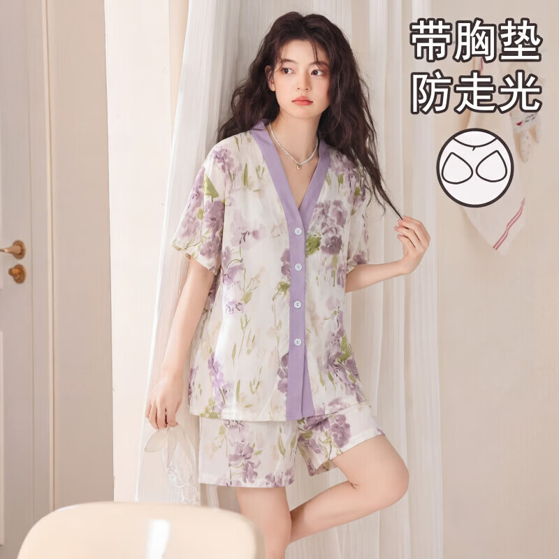 带胸垫防走光睡衣女夏季短袖短裤水墨紫花开衫可外穿家居服套装fn 4421#紫罗兰【带胸垫】 M 【女80-95//此码无男款】