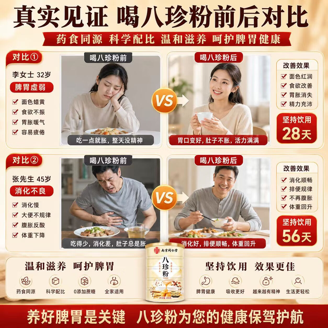 南京同仁堂胖东来同款八珍粉祛湿健脾养胃调理去体内湿气铁棍山药主食代餐粉 450g*1罐 【乾隆同款宫廷八珍粉】