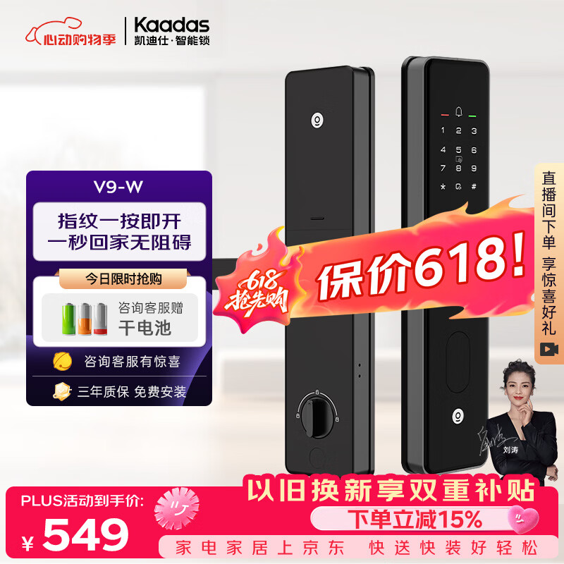 凯迪仕（KAADAS）智能门锁 指纹识别 防盗门锁密码锁 入户门电子智能锁 V9-W