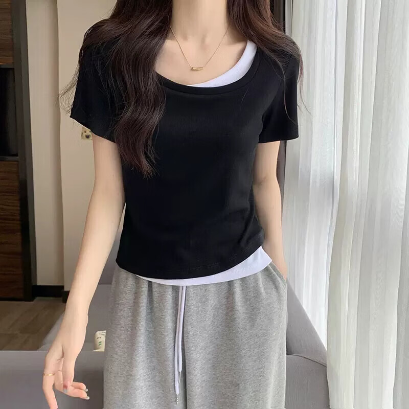 设计感方领假两件短袖t恤女装夏季2025新款修身纯欲小众短款上衣 黑色 S 80-93斤