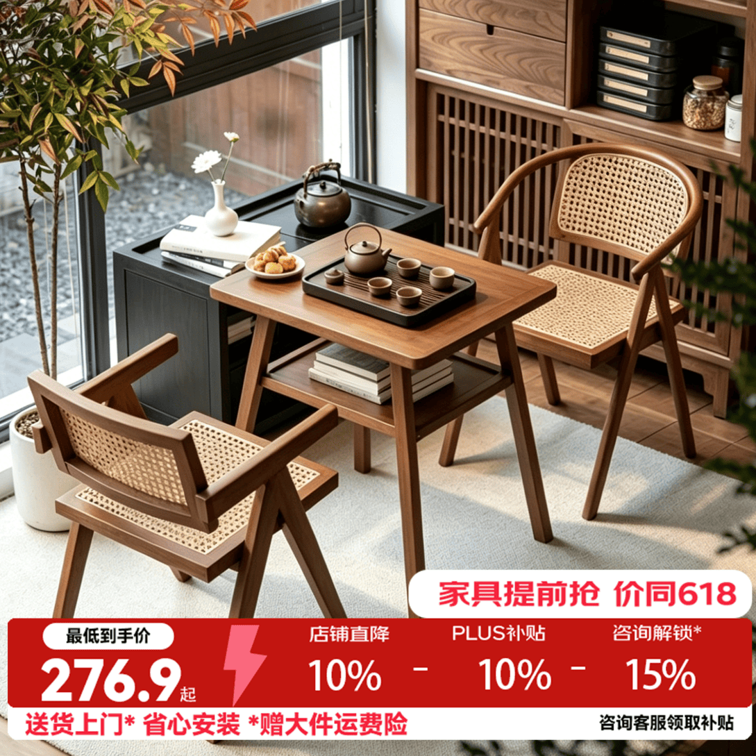 亿家达阳台小茶桌实木 2026新款藤编桌椅 家用茶几餐桌二合一小型休闲桌 【方形-棕木纹实木茶桌】 60×60×75cm 小户型家用