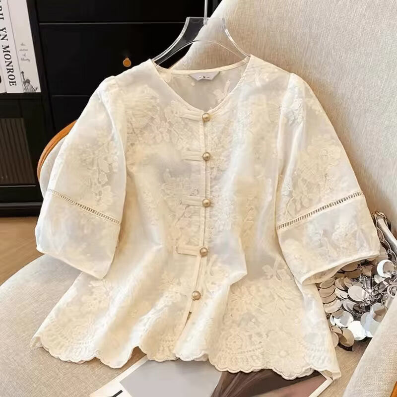 新中式衬衣国风刺绣衬衫女夏季新款显瘦百搭蕾丝上衣 米白色 XL 【建议121-140斤】