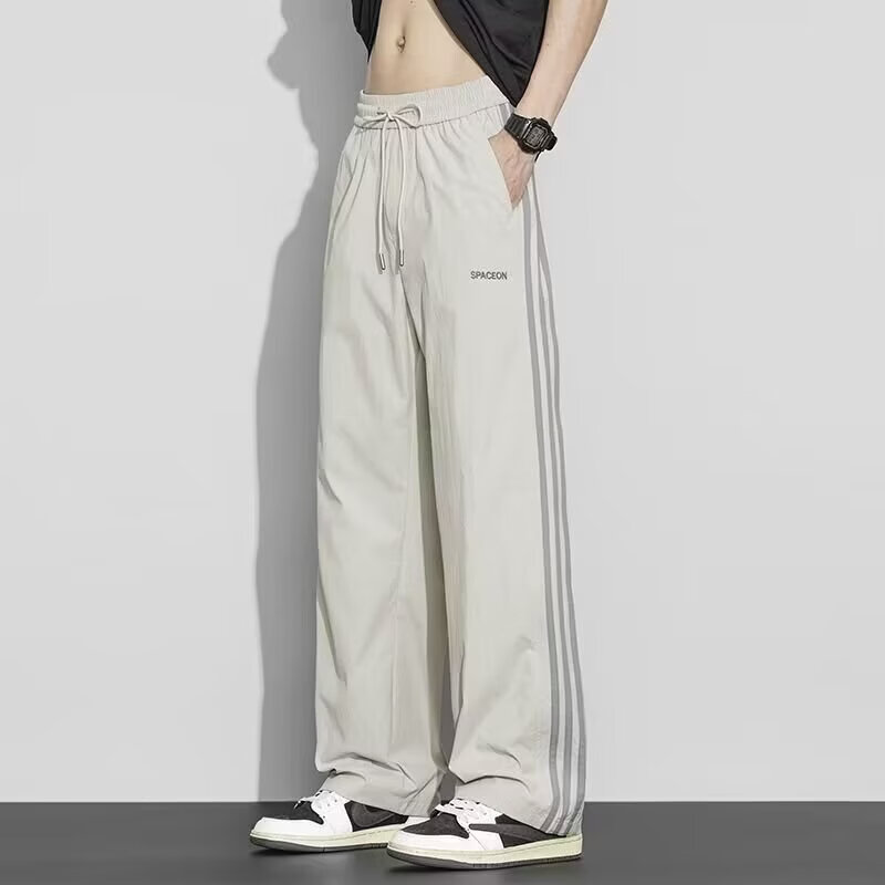 YOUNVFR男士休闲裤子夏季新款宽松直筒松紧冰丝速干垂感速干裤系带阔腿裤 米杏色 XL 【建议115-130斤】