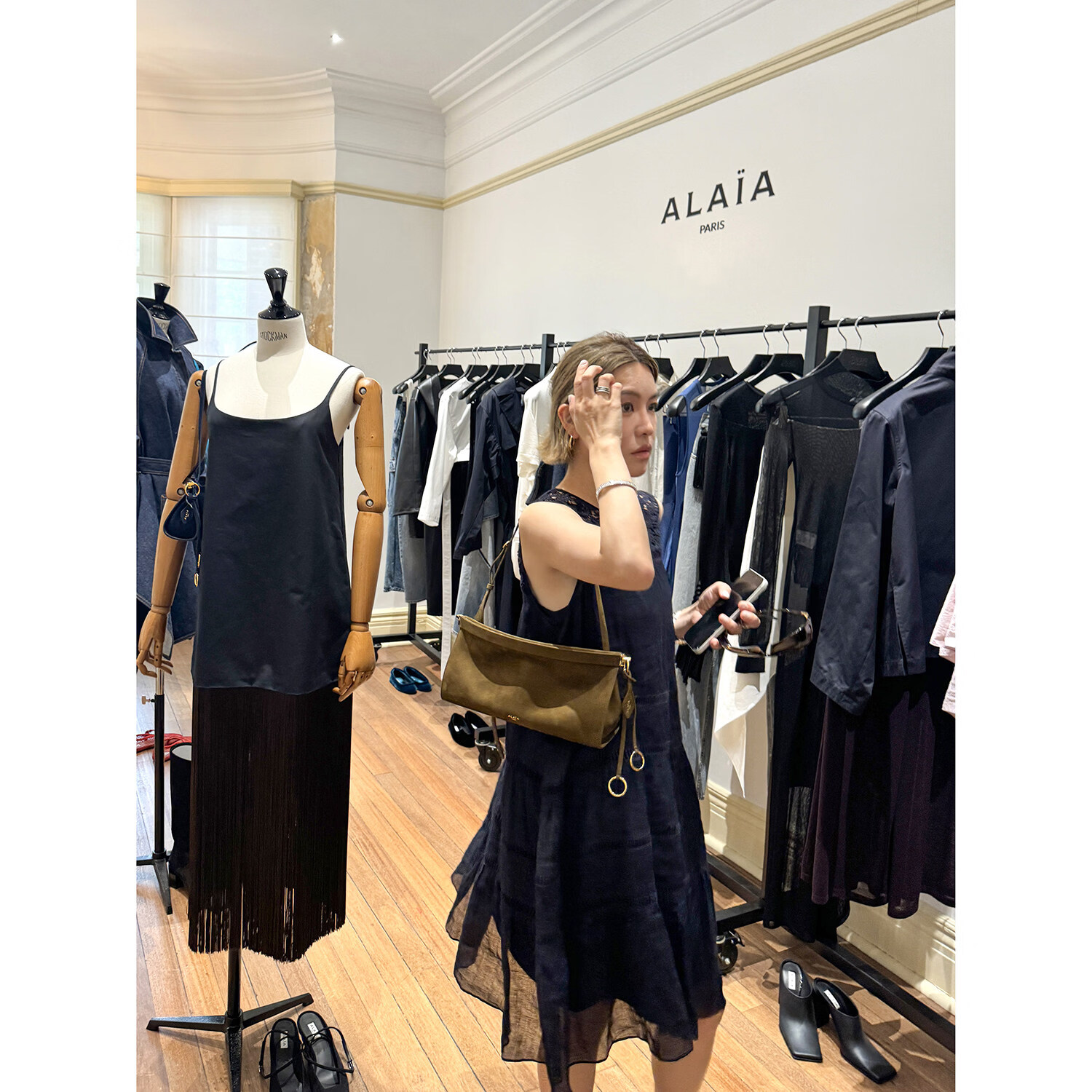 LE ALFASHIONLINE【断码清仓】慵懒韩系苎麻钩花连衣裙镂空蕾丝气质显瘦宽松无袖裙 藏青 现货 M