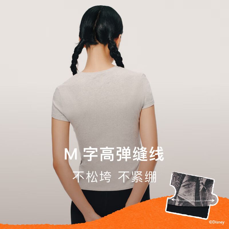 内外橙标迪士尼疯狂动物城合作明星同款好弹质正肩T恤女印花通勤 不驯花灰 M