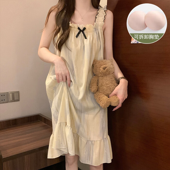 有只绵带胸垫可拆卸睡衣女夏季新款云朵棉吊带裙韩版宽松甜美居家服 FM2666#竖条 M 160 适合体重 70-90斤