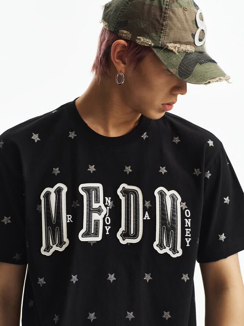 MEDM 闪粉小星星满印双层皮贴皮刺绣休闲圆领潮流舒适宽松短袖t恤男女 藏青色 （赠送随机MEDM香片） XL 建议【170-180cm/140-160斤】