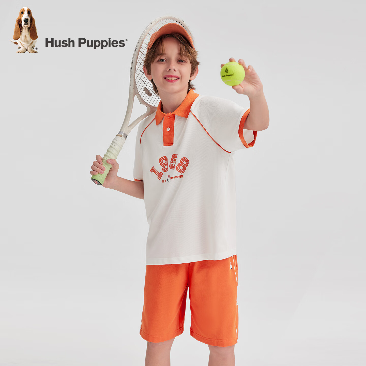暇步士(Hush Puppies)童装儿童男童2026春夏新款吸湿速干撞色彩领短袖POLO衫套装 骑士橙 130 cm
