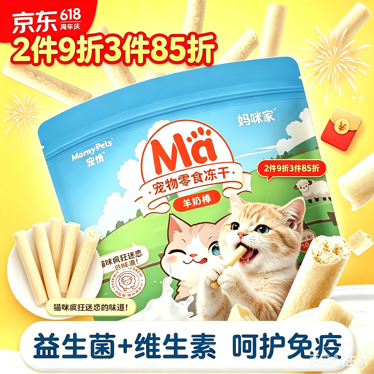 MamyPets猫零食冻干羊奶棒幼猫成猫营养奶酪棒宠物磨牙棒猫咪零食50g