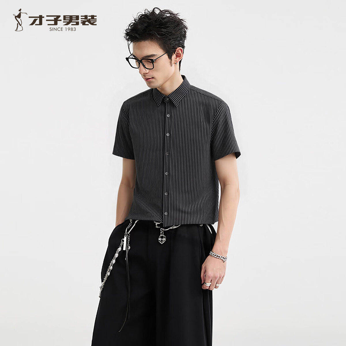 才子(TRIES)夏季薄款竖条纹衬衫男商务休闲通勤微弹休闲百搭短袖衬衣 黑色 XL 50 (175/92A)