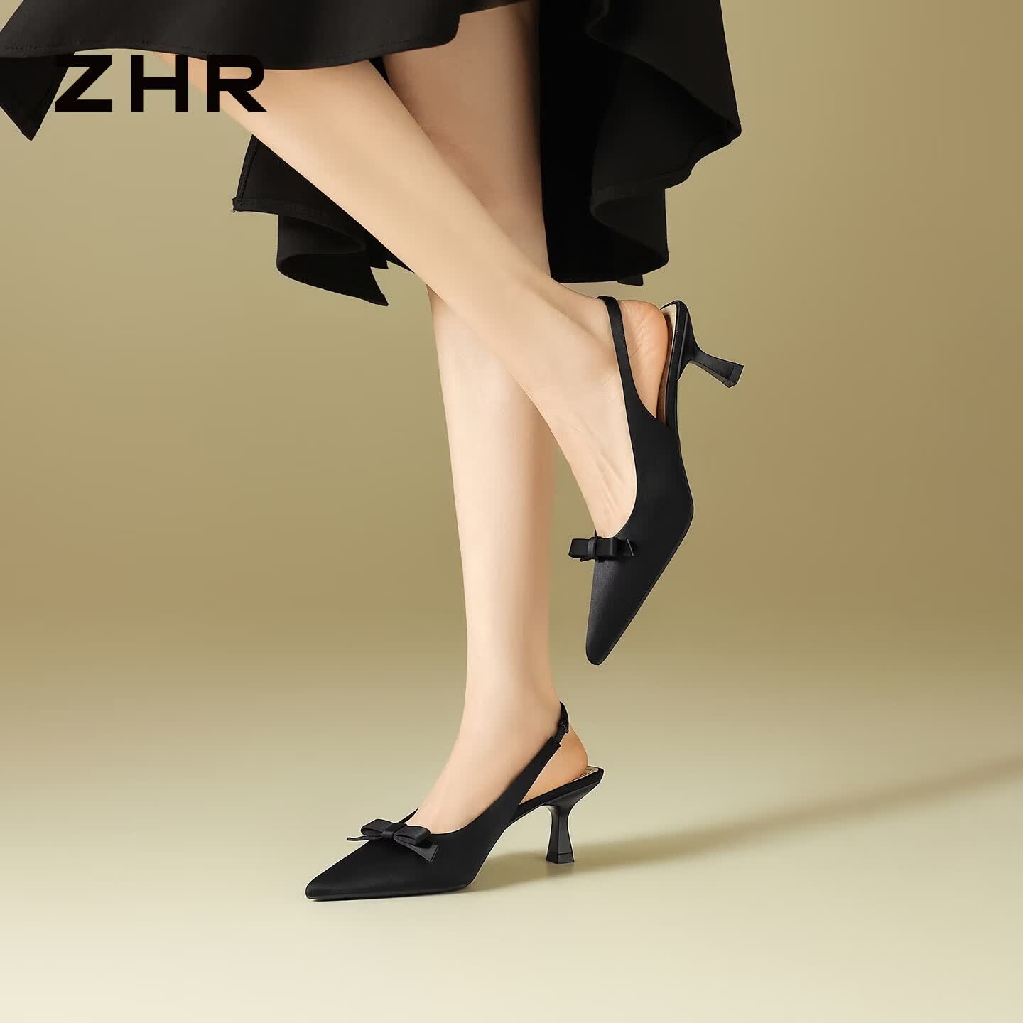 ZHR则则绸缎高跟鞋女夏季新款尖头凉鞋女气质情人节单鞋女IE112黑色35