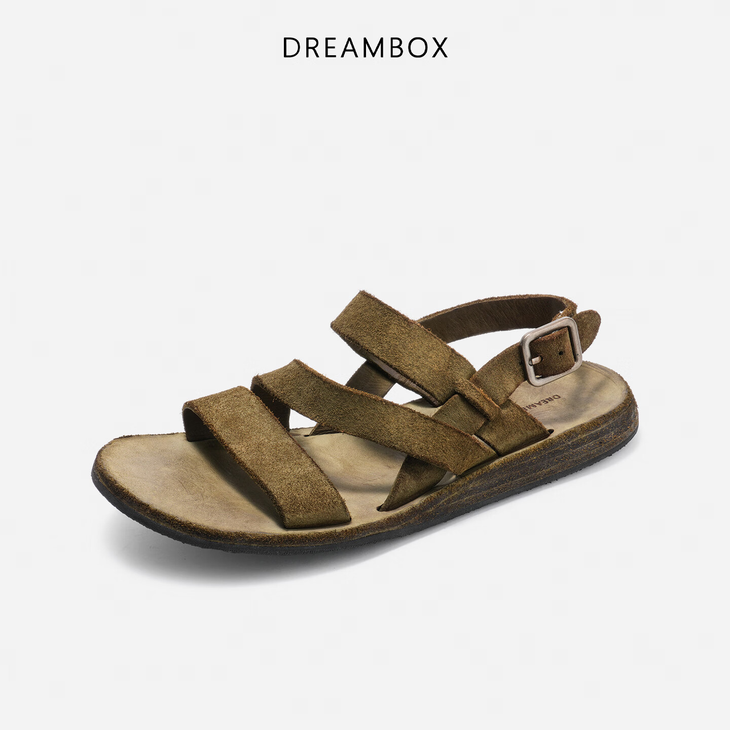 DREAMBOX钧博水洗马皮平底外穿凉鞋2026夏季新款开车舒适沙滩鞋 橄榄绿 42 男码