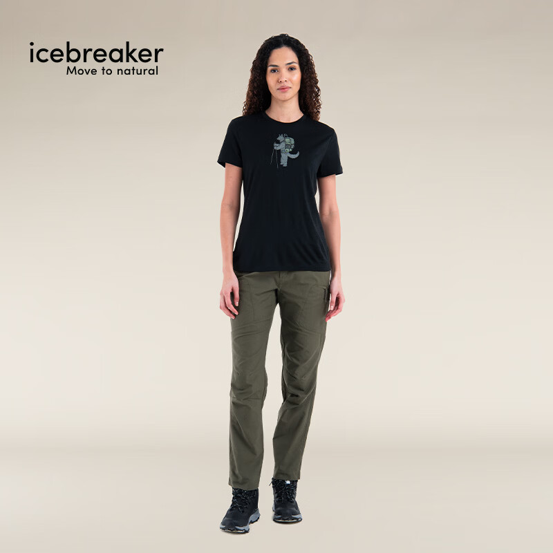 icebreaker100%美利奴羊毛女150 Tech Lite吸湿排汗印花短袖T恤 纯黑-0A575X001 L