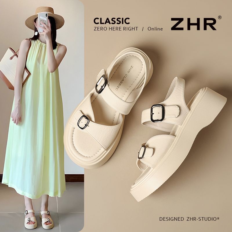 ZHR则则简约气质厚底凉鞋一字外穿2025夏季新款百搭增高轻便女鞋 米色 36