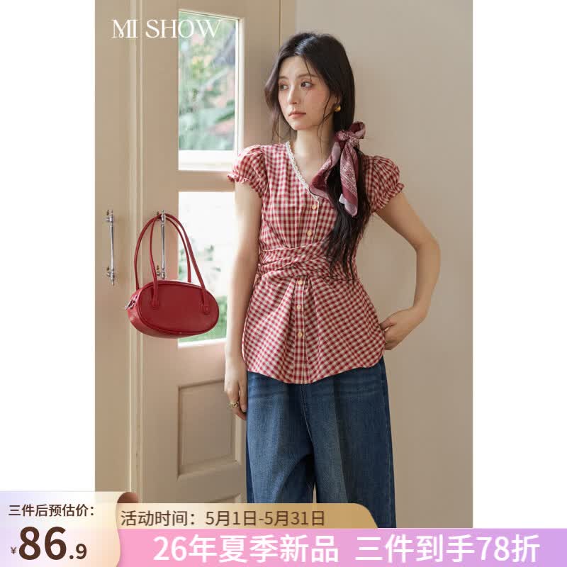 谜秀蕾丝花边短袖红格子衬衫2026夏季新品蝴蝶结系带泡泡袖收腰上衣潮 红褐色 红格 上衣 M