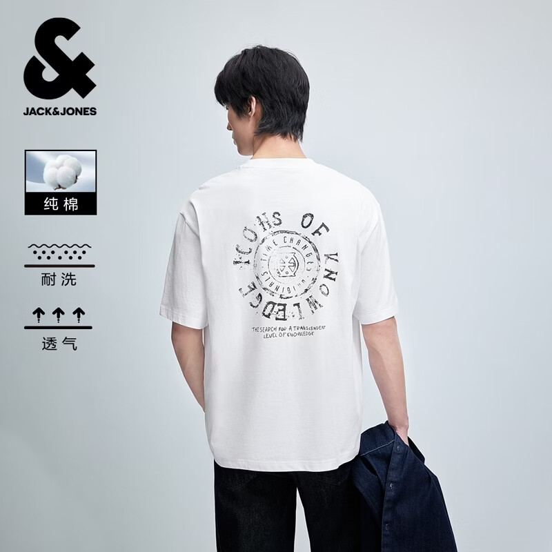 杰克·琼斯（JACK&amp;JONES）26年【100%纯棉】短袖t恤男款夏季新款宽松潮流印花高端透气半袖 A06本白色 M （175）偏大，建议选小一码