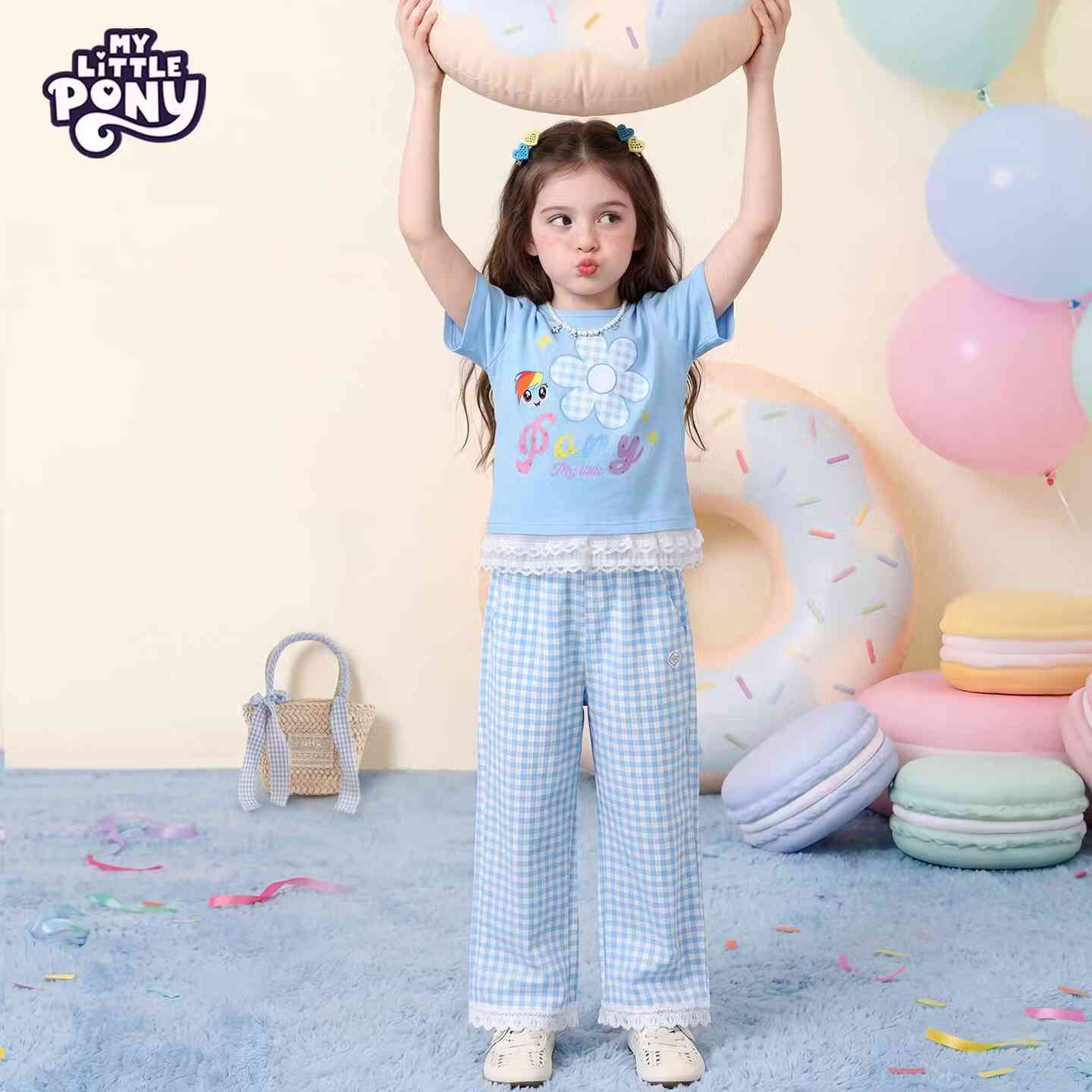 小马宝莉（MY LITTLE PONY）女童夏套装2026新款女孩多巴胺短袖t恤甜美儿童直筒裤子 天蓝 150