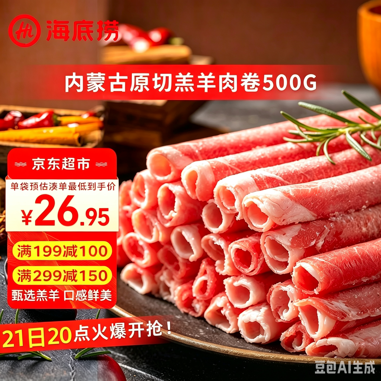 海底捞内蒙古羔羊羊肉卷1斤  原切无添加 炖煮火锅涮肉食材 生鲜肉