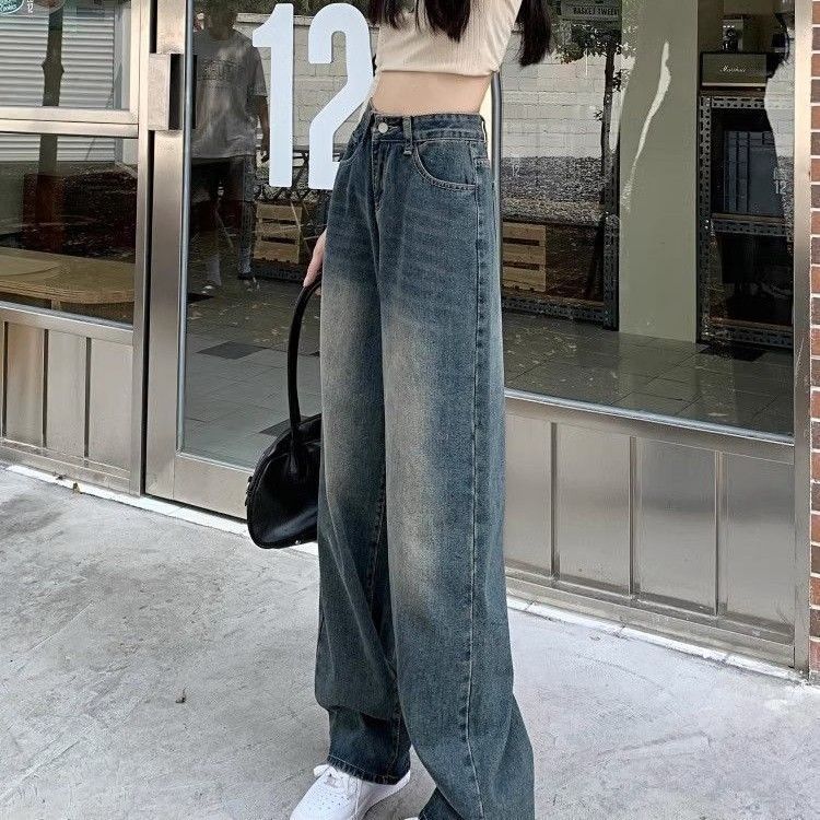 YOUNVFR美式复古水洗直筒牛仔裤女春夏新款高腰百搭垂感遮肉显瘦阔腿长裤 复古蓝 3XL 【建议138-155斤】