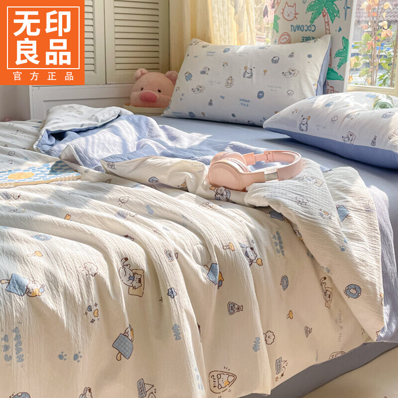 无印良品A类夏凉被四件套2m床夏季家用可机洗皱皱纱夏被空调被宿舍三件套 糯叽小猫【软糯贴身 亲肤透气】 四件套 床单款 2.0*2.3m夏被+床单+枕套*2