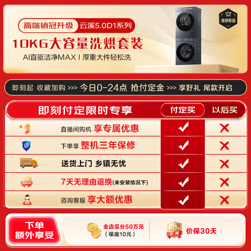海尔(Haier) 云溪5.0滚筒洗烘套装 10KG全自动滚筒洗衣机+双擎热泵烘干机 AI直驱双效除菌 D1