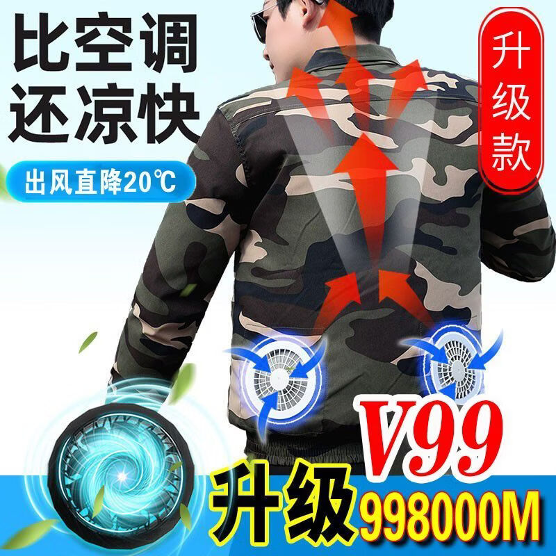 夏季降温空调服男款工作服风扇衣服工地充电制冷电焊劳保户外迷彩 迷彩+军绿+1200级狂风 超凉快 36V大风力配件1套 5XL 适合体重 175-200斤