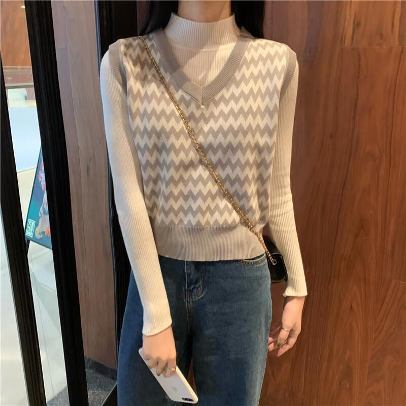 毛线马甲女式短款针织衫秋季新款女v领宽松织马甲背心 半高领打底衫女