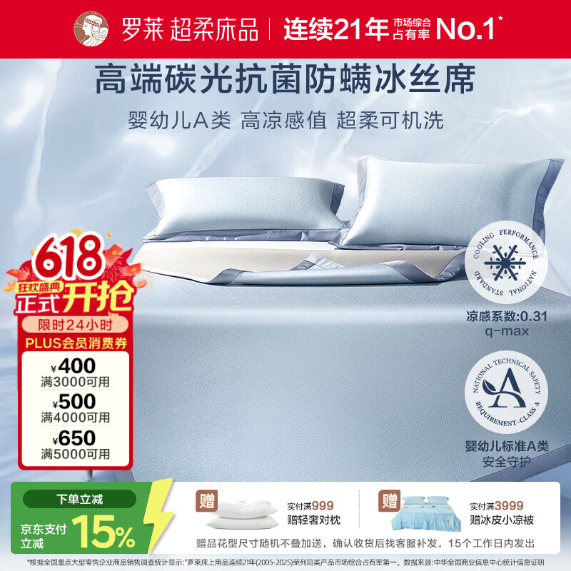 罗莱家纺 A类冰丝席【可机洗】抗菌防螨凉席床笠款三件套蓝180*200*30