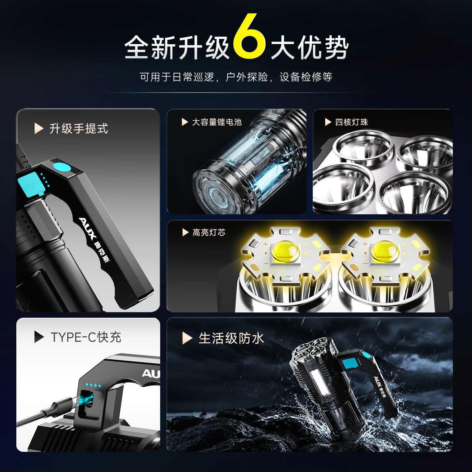 奥克斯强光手电筒四核灯芯超长续航野外探照灯巡检手提灯家用应急巡逻灯 普通灯芯/短续航/快充