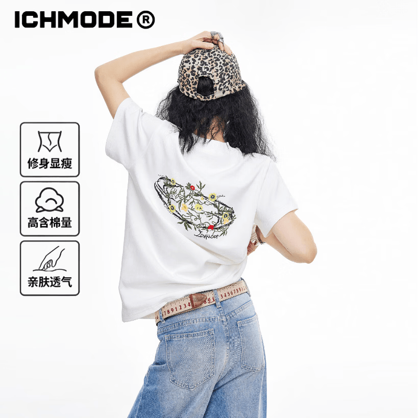 ICH MODE美式花卉刺绣正肩短袖T恤女春夏新款修身半高领半袖上衣 白色 S