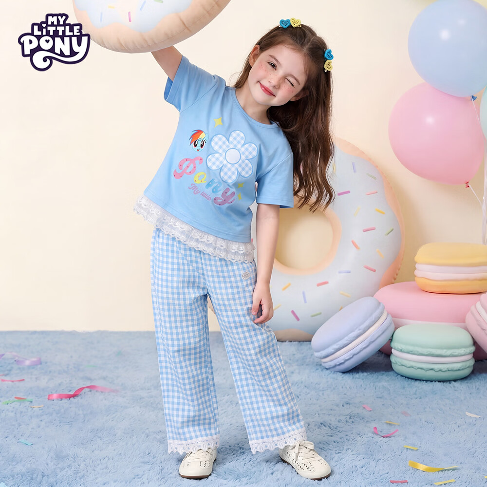小马宝莉（MY LITTLE PONY）女童夏套装2026新款女孩多巴胺短袖t恤甜美儿童直筒裤子 天蓝 150